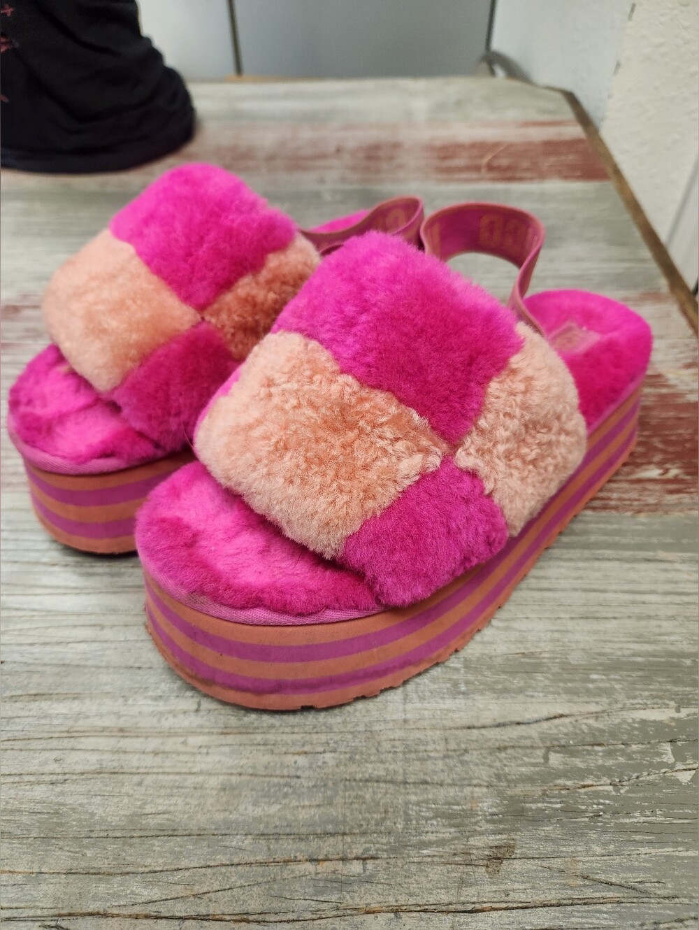 UGG Pink Orange Disco Checker Chunky Platform Slingback Slide Sandals